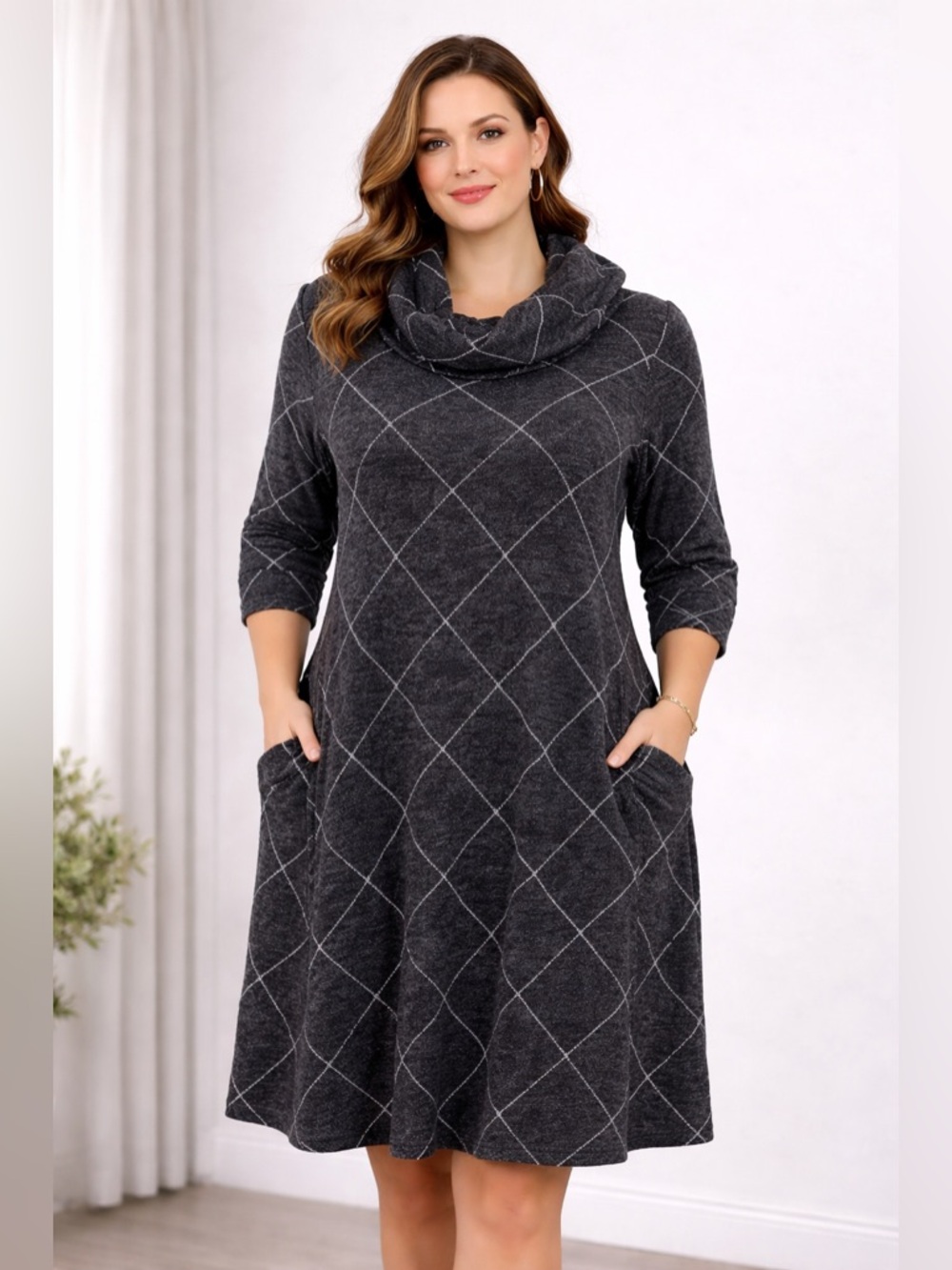 Cowl Neck Plaid Sweater Dress Gray Cozy Tunic Dress With Pockets XL Robbie Bee